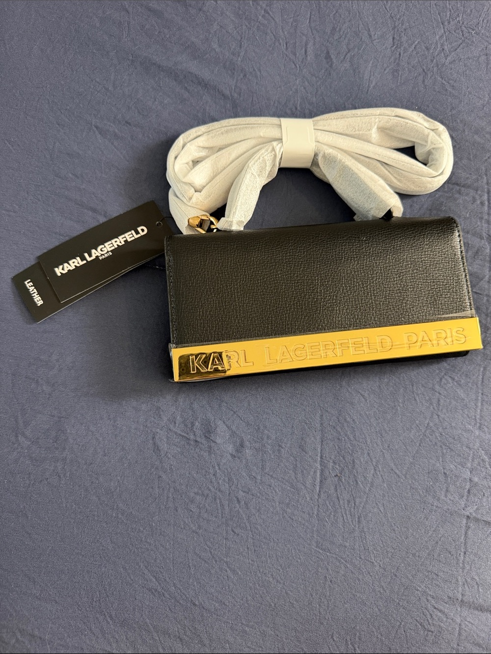 Karl Lagerfeld Black Leather Card Holder with Gold Accent